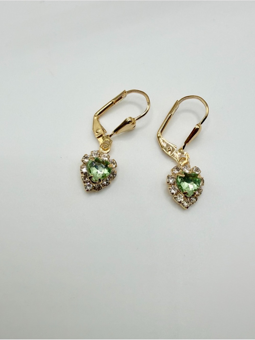 Gold Plated Heart Drop Earrings with Peridot Green Crystal Center - Picture 6 of 6